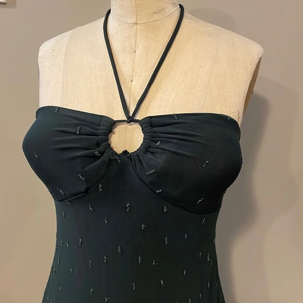 Beaded strapless halter dark green cocktail dress - handmade, beautiful! - Picture 2 of 8